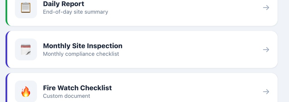 FORA's document picker showing a Fire Watch Checklist listed as a custom document alongside the standard forms